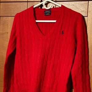 Ralph Lauren Woman Sz S/P  V-Neck Red Cable Wool Cashmere Sweater